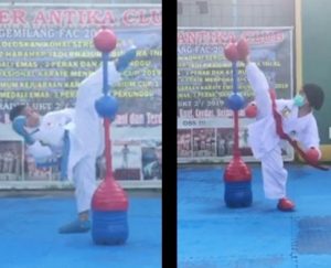Atlet Briyan dan Azzura saat memperagakan teknik shadow kumite karate secara virtual di Kejuaraan Karate Internasional SBY Open Championship XVII/2021.(Ist). 