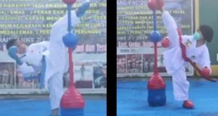 Atlet Briyan dan Azzura saat memperagakan teknik shadow kumite karate secara virtual di Kejuaraan Karate Internasional SBY Open Championship XVII/2021.(Ist).